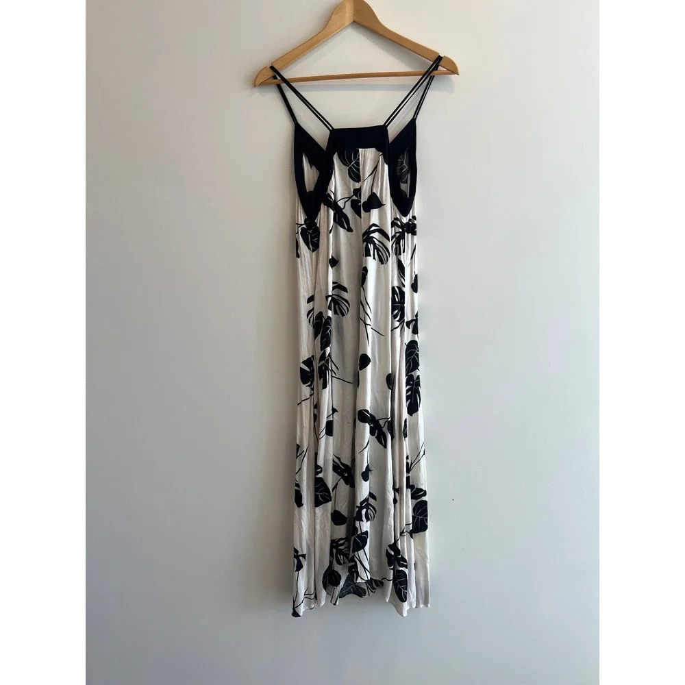 Sandro Ferrone Roma Resort Midi Dress 42 Black White‎ Tropical Monstera Leaf